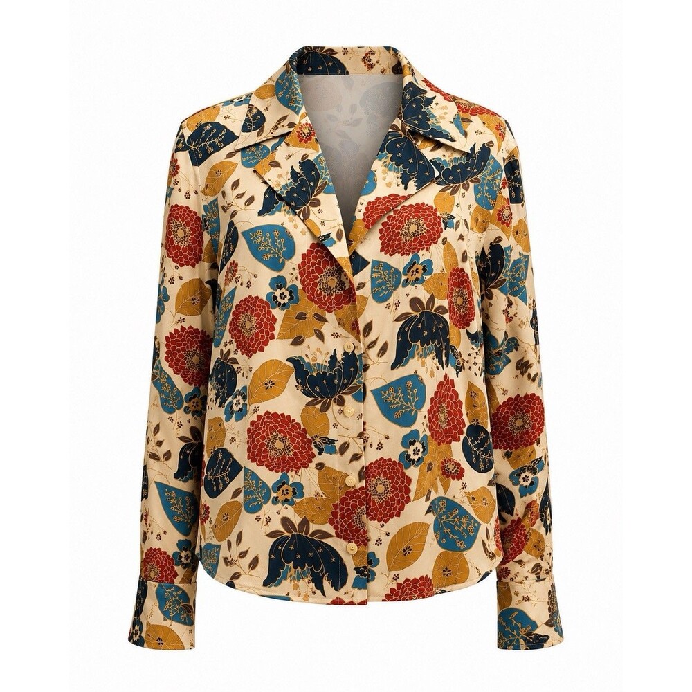 I.E. Woman 100% Silk Floral Button Front Blouse Top Size 1X Beige Blue Red